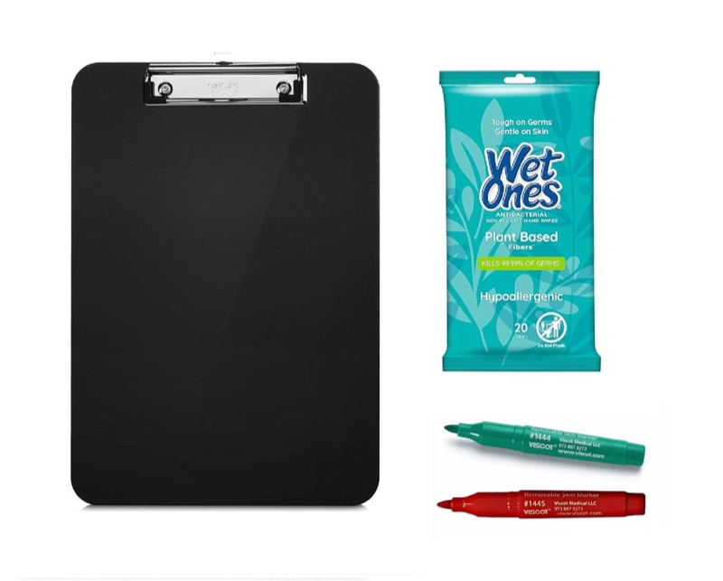 Assessment Accessory Pack: clipboard, wet wipes and dermographic markers