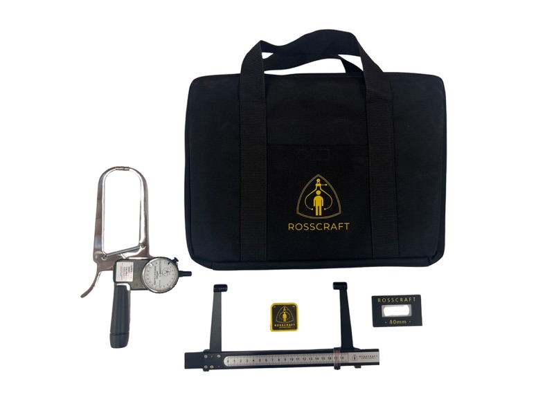 Rosscraft Level 1 Pro kit: Harpenden skinfold caliper, Campbell 10 aluminum small bone caliper, tape measure, calibration block and case