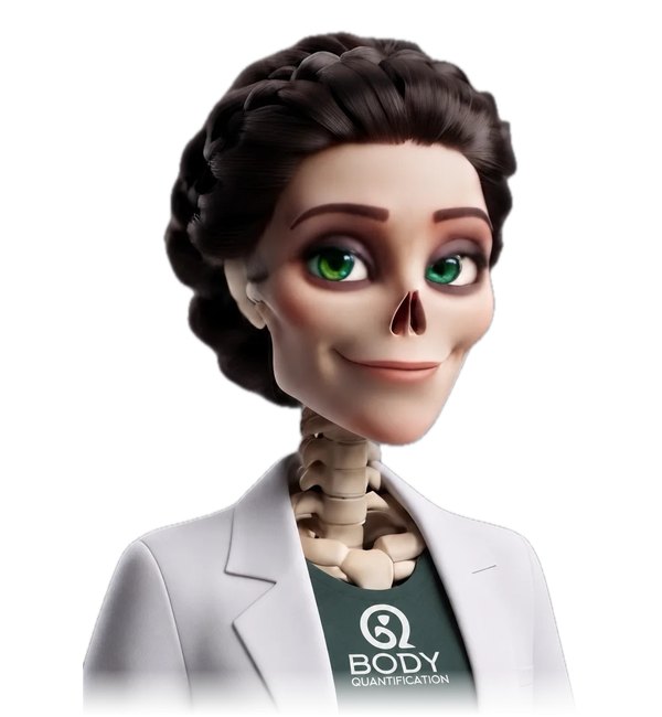 Dr. Skully, a smiling skeleton sports scientist with braided dark hair and green eyes, in a white lab coat over a Body Quantification shirt