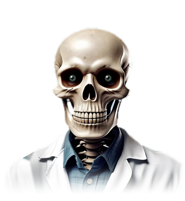 Dr. Skully, a friendly skeleton in a white lab coat and blue shirt